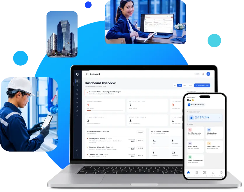 Dashboard bamms di laptop dan aplikasi mobile, dengan tim operasional di lapangan